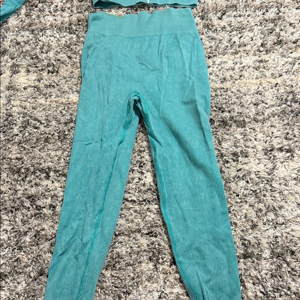 Stylish Teal Ribbed Two-Piece Set - Picture 3 of 4